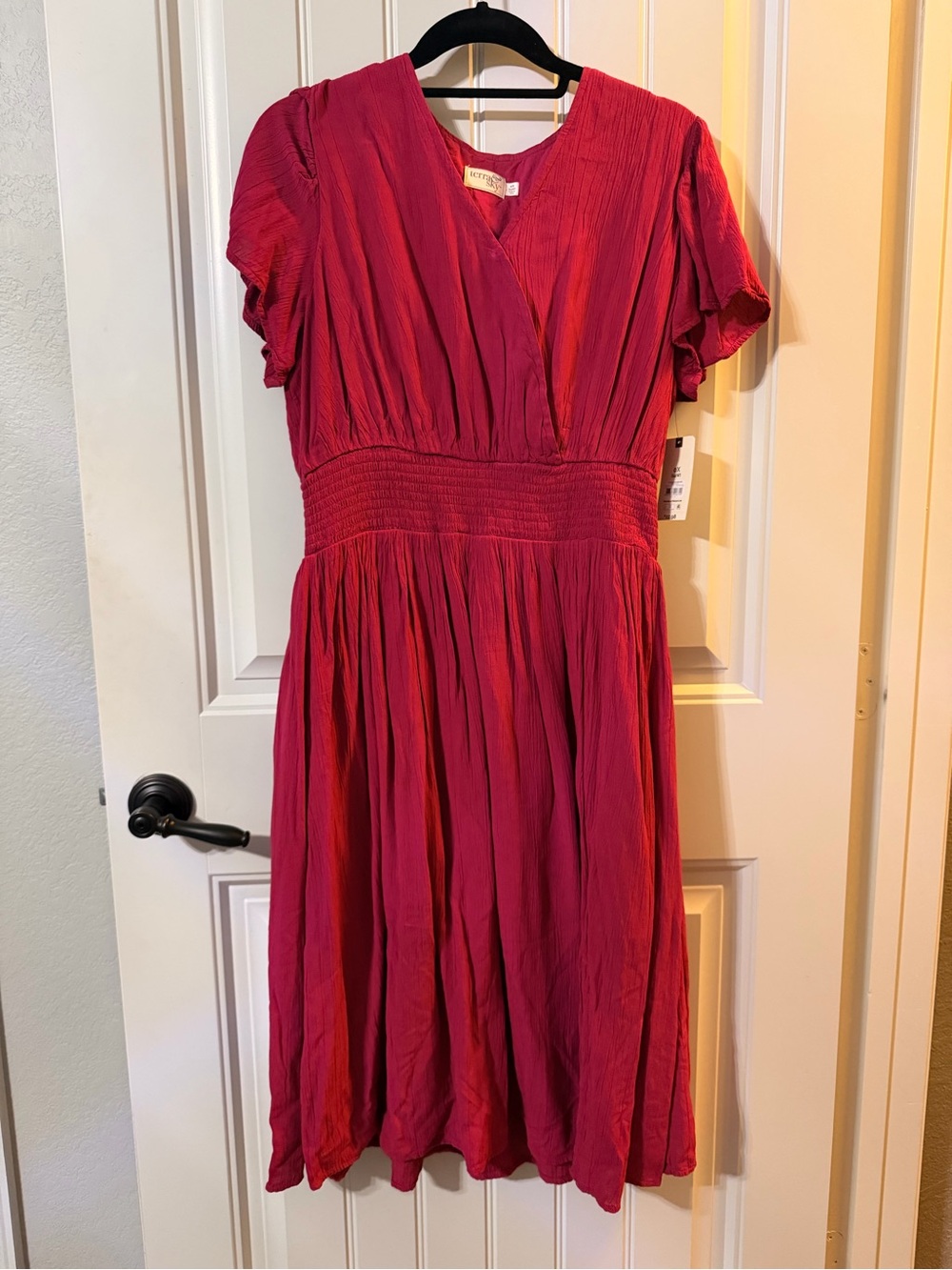 Terra & Sky Raspberry Pink V-Neck Smocked Midi Dress
